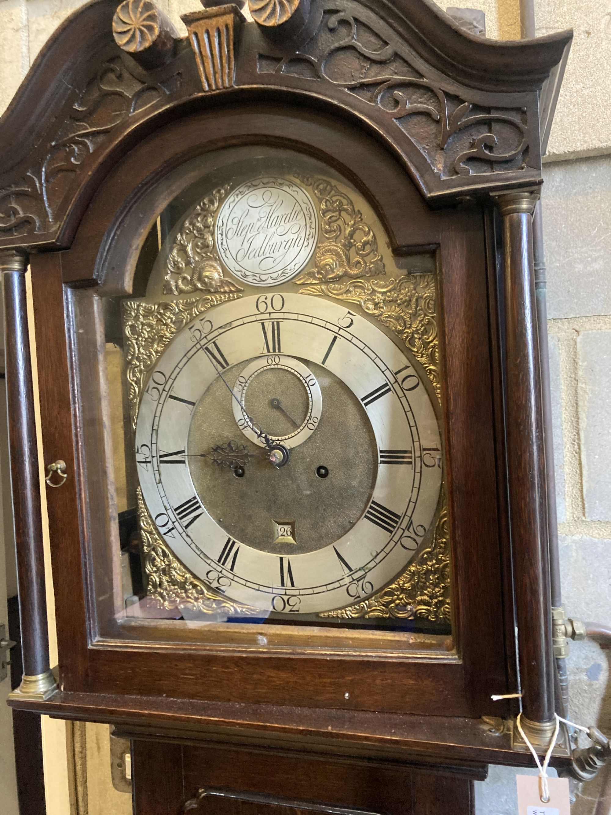 A George III oak eight-day longcase clock, Stephen Hardie, Jedburgh, height 214cm